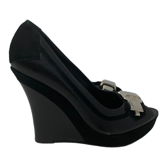 Karen Millen Black Leather Peep Toes Wedge Shoes size 39 - 8 - Picture 7 of 11